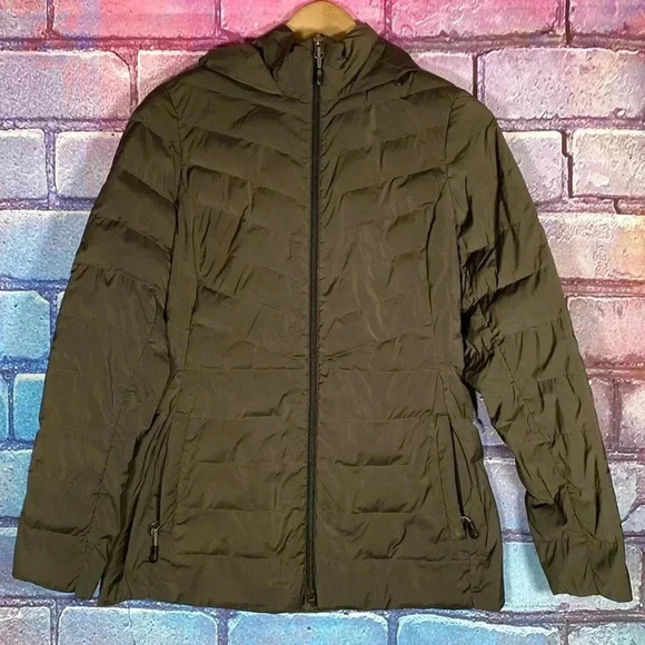 32 Degrees Puffer Jacket Women's Small Hooded Green Quilted Zip Black - Picture 1 of 9
